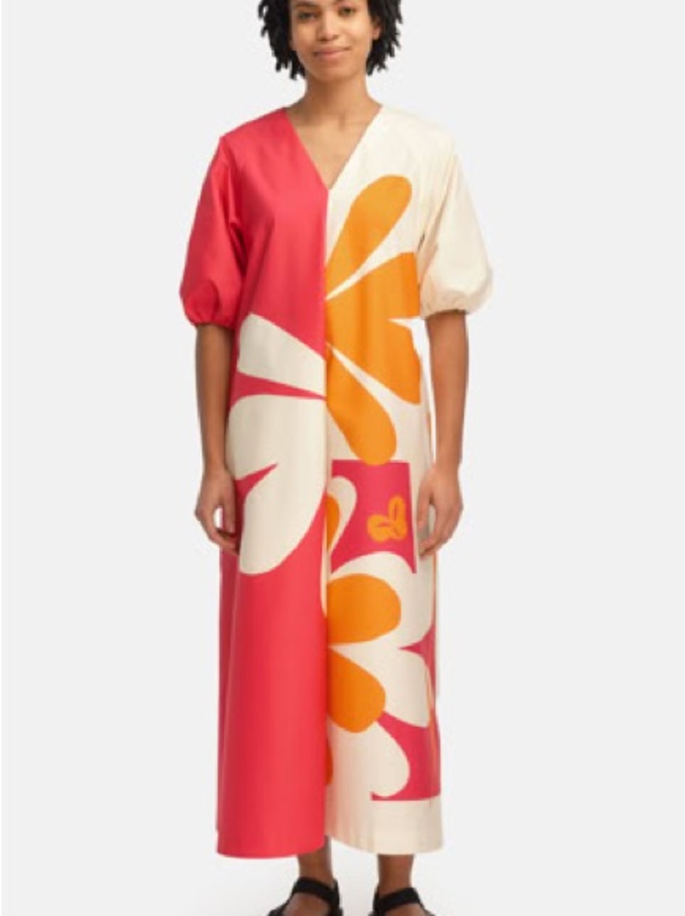 Marimekko Bold Floral V-Neck Maxi Dress in Pink, Orange & Cream